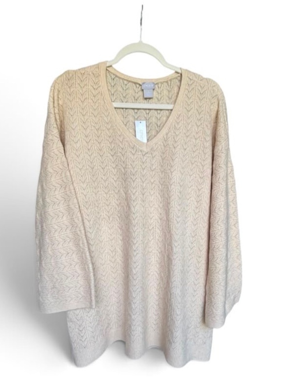 Chicos Womens Size 3 XL Oatmeal Pointelle Cable Knit V Neck Pullover Sweater NWT
